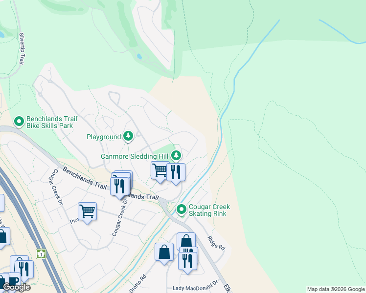 map of restaurants, bars, coffee shops, grocery stores, and more near 12 Eagle Terrace Road in Canmore