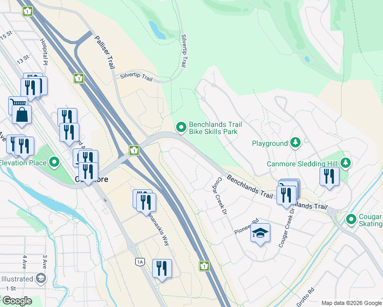 map of restaurants, bars, coffee shops, grocery stores, and more near 155 Cougar Point Road in Canmore