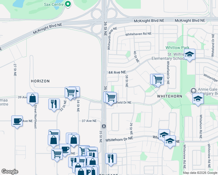 map of restaurants, bars, coffee shops, grocery stores, and more near 64 Whitmire Road Northeast in Calgary