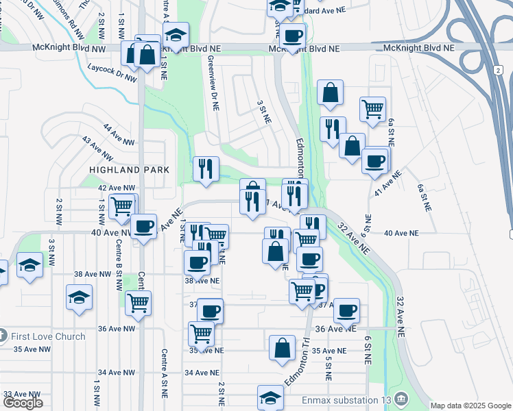 map of restaurants, bars, coffee shops, grocery stores, and more near 337 41 Avenue Northeast in Calgary