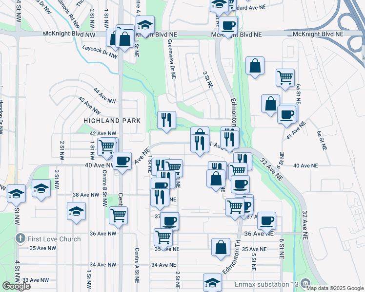 map of restaurants, bars, coffee shops, grocery stores, and more near 307 41 Avenue Northeast in Calgary