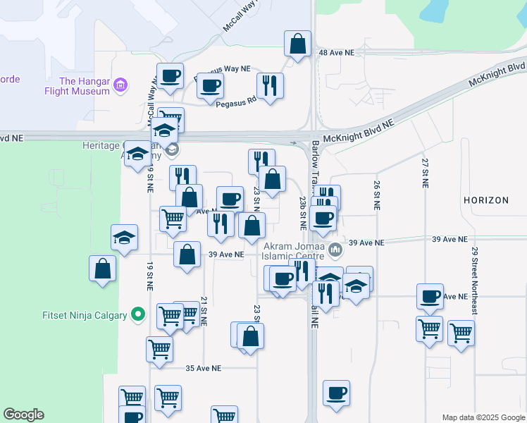 map of restaurants, bars, coffee shops, grocery stores, and more near 4154 23 Street Northeast in Calgary