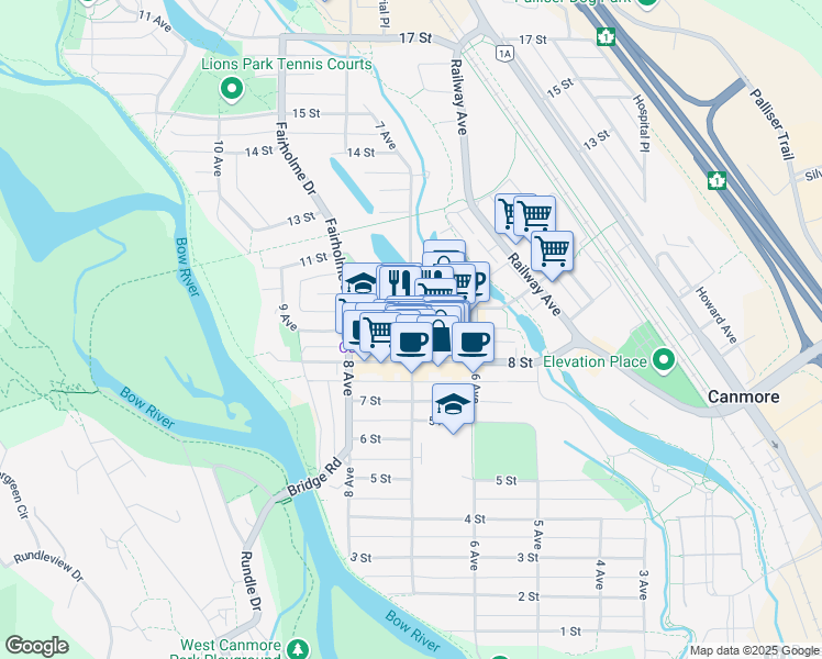 map of restaurants, bars, coffee shops, grocery stores, and more near 9 Street in Canmore