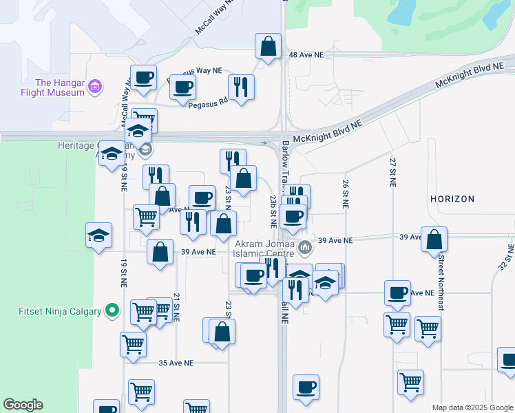map of restaurants, bars, coffee shops, grocery stores, and more near 4221 23B Street Northeast in Calgary