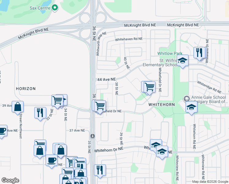 map of restaurants, bars, coffee shops, grocery stores, and more near 4371 38 Street Northeast in Calgary