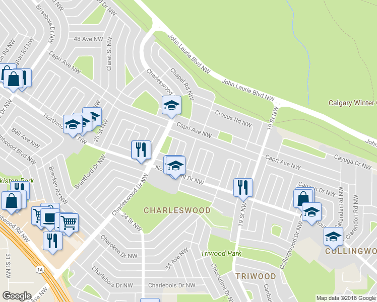 map of restaurants, bars, coffee shops, grocery stores, and more near 36 Chatham Drive Northwest in Calgary