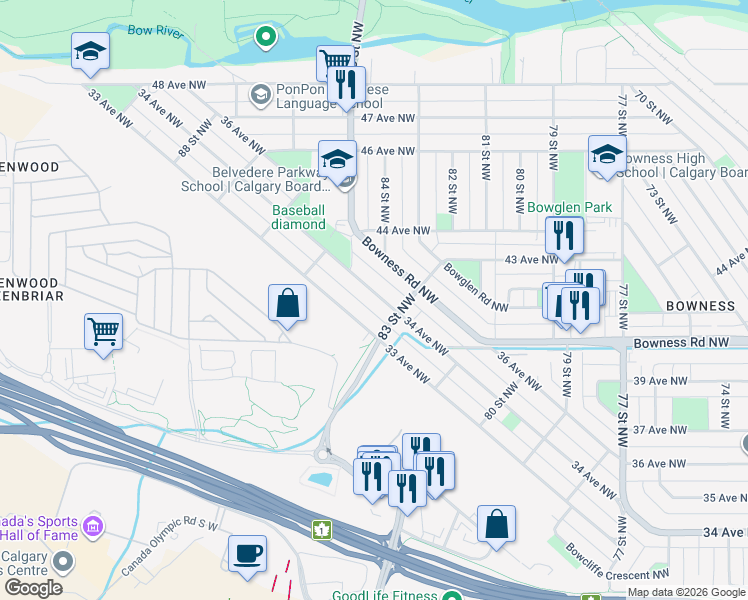 map of restaurants, bars, coffee shops, grocery stores, and more near 8519 34 Avenue Northwest in Calgary