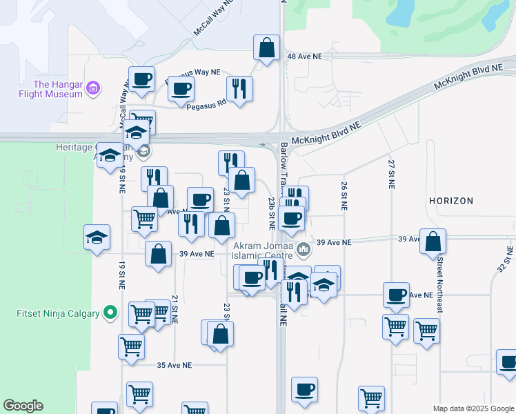 map of restaurants, bars, coffee shops, grocery stores, and more near 4221 23B Street Northeast in Calgary