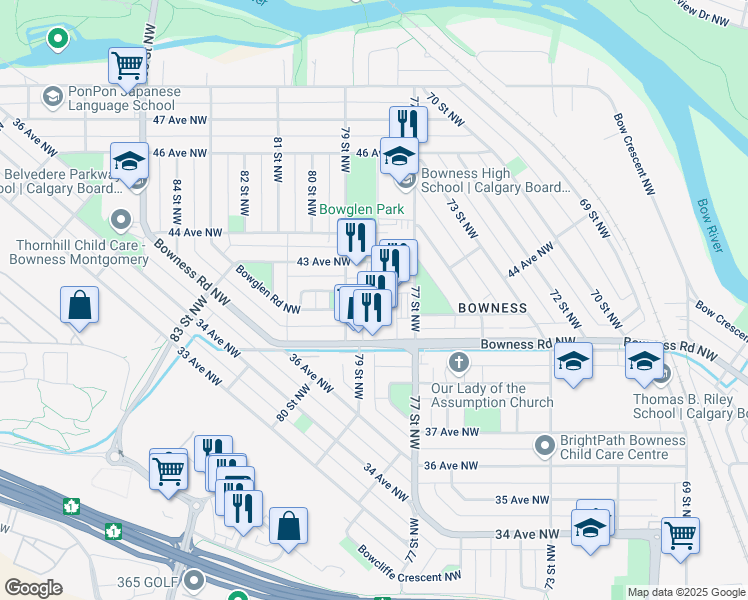 map of restaurants, bars, coffee shops, grocery stores, and more near 238 Bowness Center Northwest in Calgary