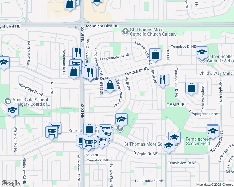 map of restaurants, bars, coffee shops, grocery stores, and more near 246 Templewood Road Northeast in Calgary