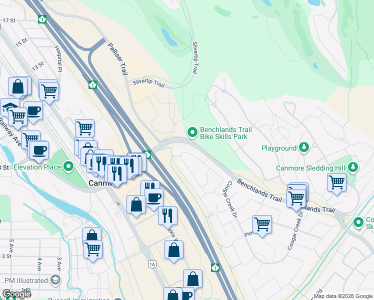 map of restaurants, bars, coffee shops, grocery stores, and more near 150 Cougar Point Road in Canmore