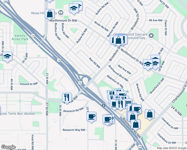 map of restaurants, bars, coffee shops, grocery stores, and more near 4115 Brisebois Drive Northwest in Calgary