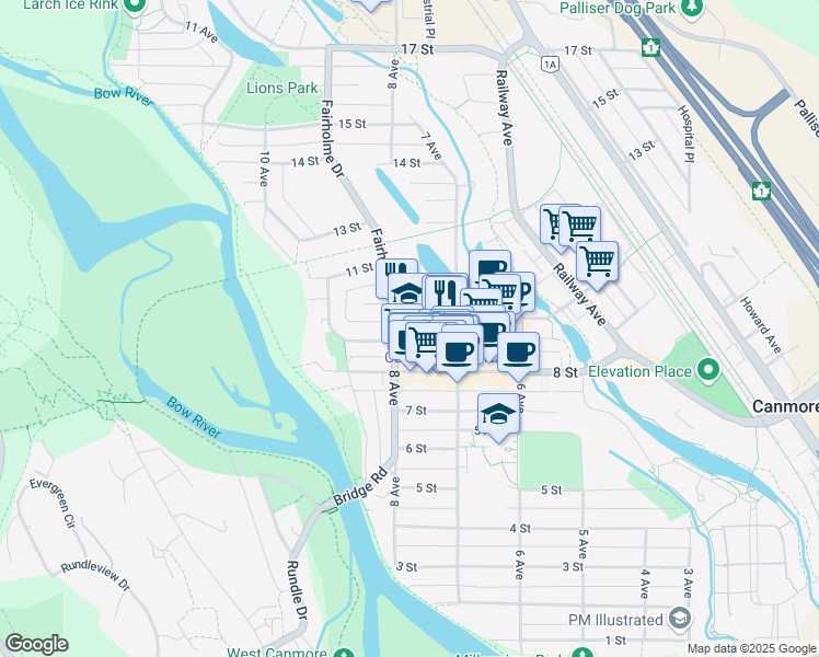 map of restaurants, bars, coffee shops, grocery stores, and more near 810 8 Street in Canmore