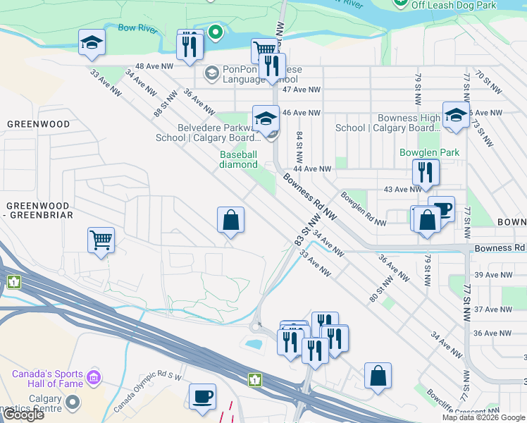 map of restaurants, bars, coffee shops, grocery stores, and more near 8548 33 Avenue Northwest in Calgary