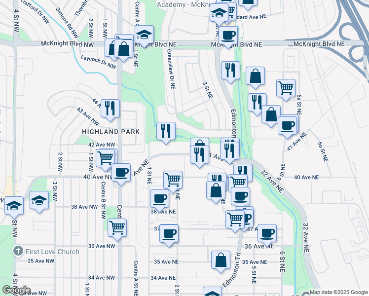 map of restaurants, bars, coffee shops, grocery stores, and more near 307 41 Avenue Northeast in Calgary