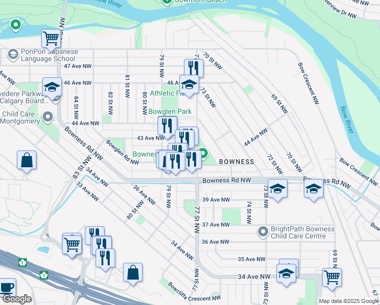 map of restaurants, bars, coffee shops, grocery stores, and more near 76 Bowness Center Northwest in Calgary