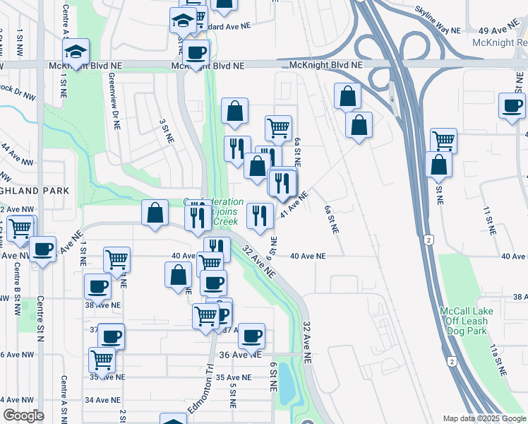 map of restaurants, bars, coffee shops, grocery stores, and more near 625 42 Avenue Northeast in Calgary