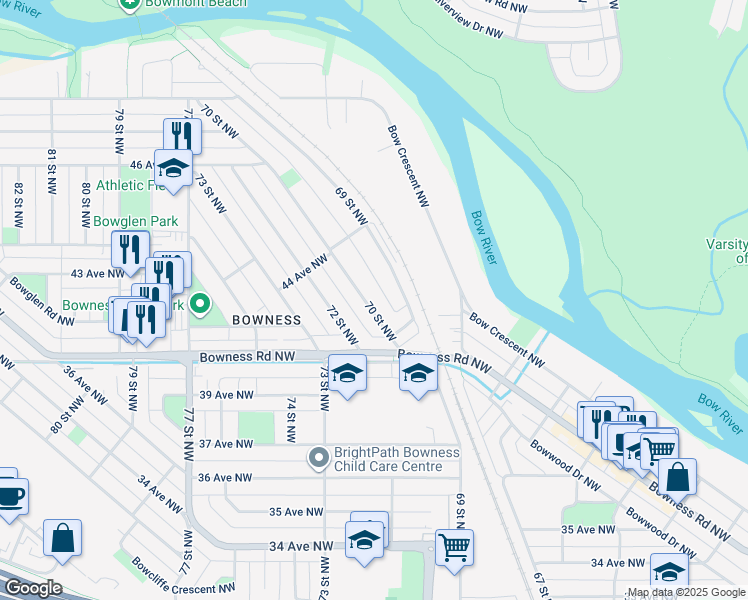 map of restaurants, bars, coffee shops, grocery stores, and more near 4328 70 Street Northwest in Calgary