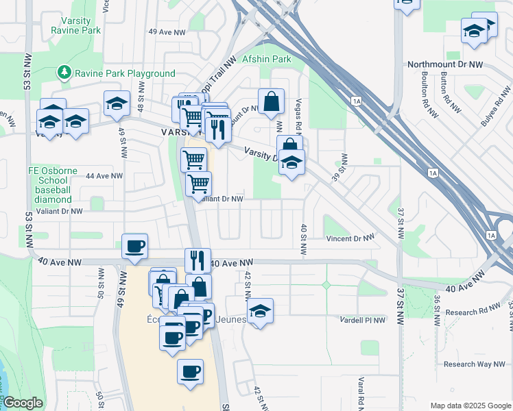 map of restaurants, bars, coffee shops, grocery stores, and more near 4353 Vauxhall Crescent Northwest in Calgary