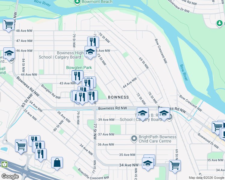 map of restaurants, bars, coffee shops, grocery stores, and more near in Calgary