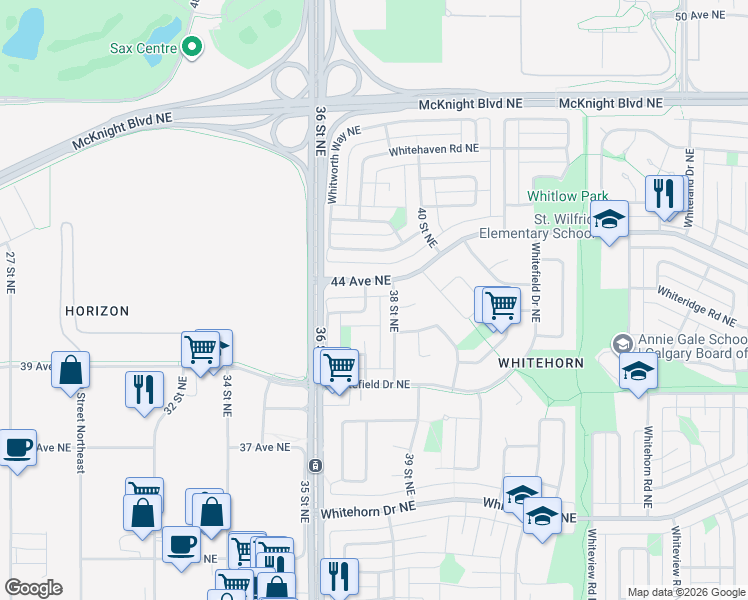 map of restaurants, bars, coffee shops, grocery stores, and more near 4371 38 Street Northeast in Calgary