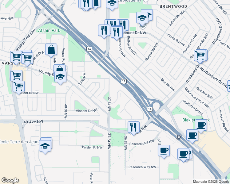 map of restaurants, bars, coffee shops, grocery stores, and more near 3500 Varsity Drive Northwest in Calgary