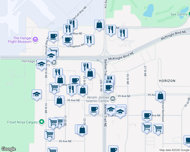 map of restaurants, bars, coffee shops, grocery stores, and more near 2440 42 Avenue Northeast in Calgary