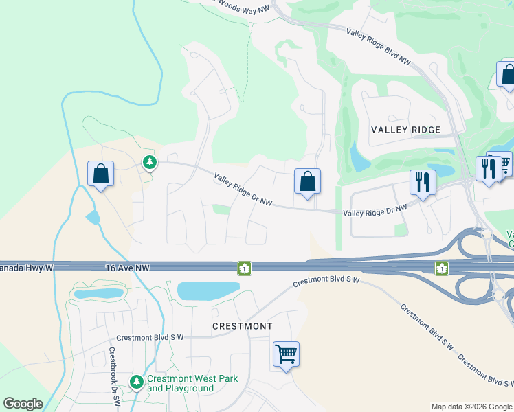 map of restaurants, bars, coffee shops, grocery stores, and more near 15 Valley Stream Close Northwest in Calgary