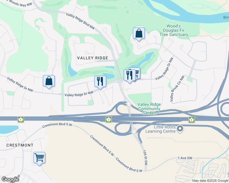 map of restaurants, bars, coffee shops, grocery stores, and more near 212 Valley Ridge Heights Northwest in Calgary