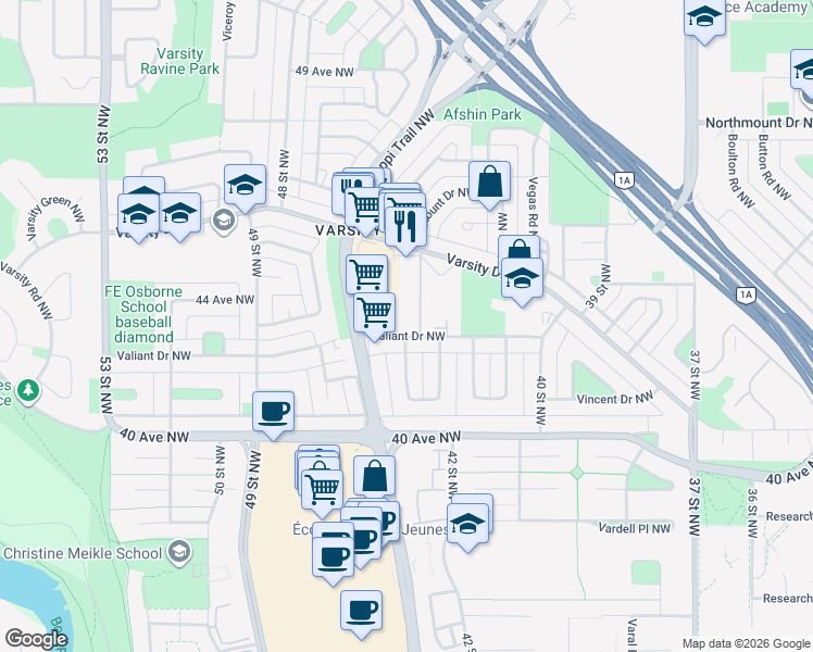 map of restaurants, bars, coffee shops, grocery stores, and more near 4554 Valiant Drive Northwest in Calgary