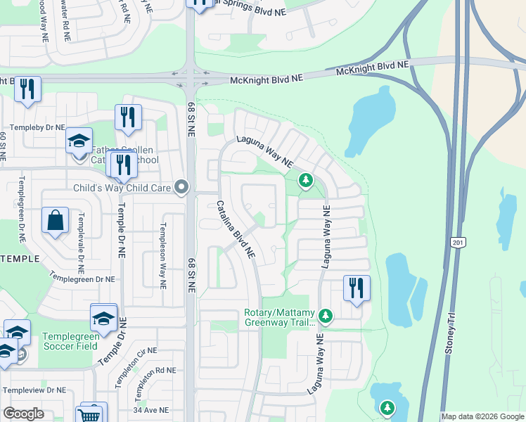 map of restaurants, bars, coffee shops, grocery stores, and more near 115 Saratoga Place Northeast in Calgary