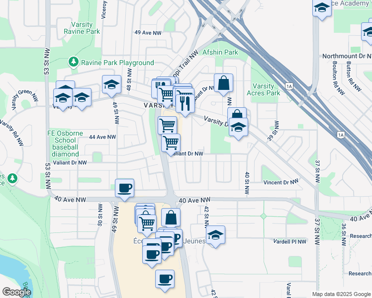 map of restaurants, bars, coffee shops, grocery stores, and more near in Calgary