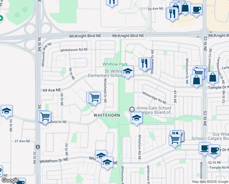 map of restaurants, bars, coffee shops, grocery stores, and more near 79 Whitefield Crescent Northeast in Calgary