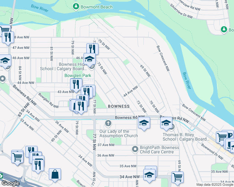 map of restaurants, bars, coffee shops, grocery stores, and more near 4339 73 Street Northwest in Calgary