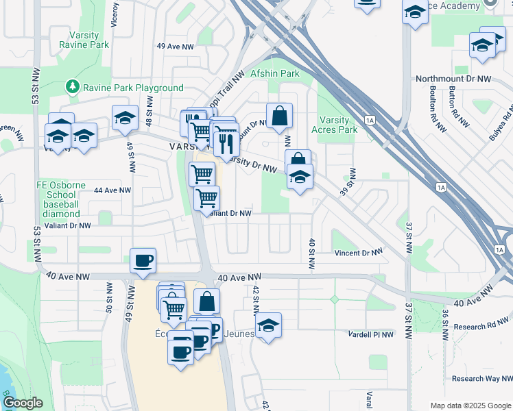 map of restaurants, bars, coffee shops, grocery stores, and more near 4510 Valiant Drive Northwest in Calgary