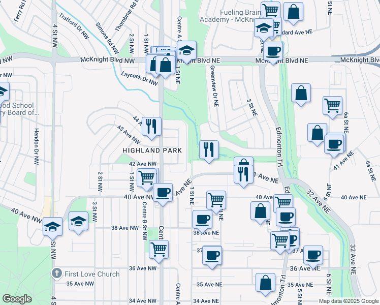 map of restaurants, bars, coffee shops, grocery stores, and more near 4303 1 Street Northeast in Calgary