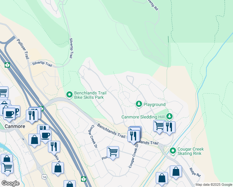 map of restaurants, bars, coffee shops, grocery stores, and more near in Canmore