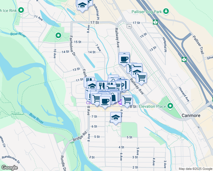 map of restaurants, bars, coffee shops, grocery stores, and more near 737 Mallard Alley in Canmore