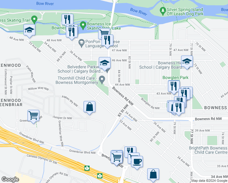 map of restaurants, bars, coffee shops, grocery stores, and more near 8547 Bowness Road Northwest in Calgary