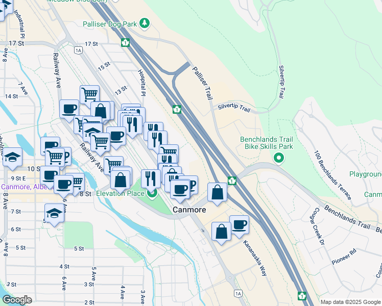 map of restaurants, bars, coffee shops, grocery stores, and more near 901 Mountain Street in Canmore
