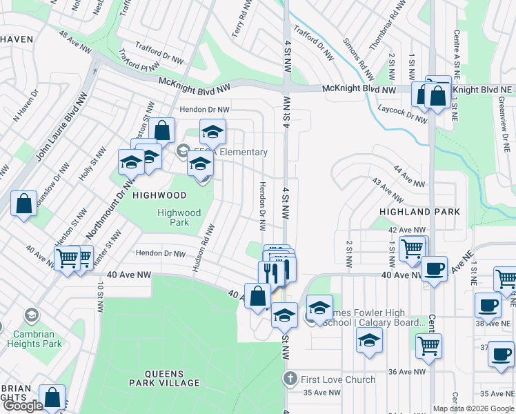 map of restaurants, bars, coffee shops, grocery stores, and more near 199 Hendon Drive Northwest in Calgary