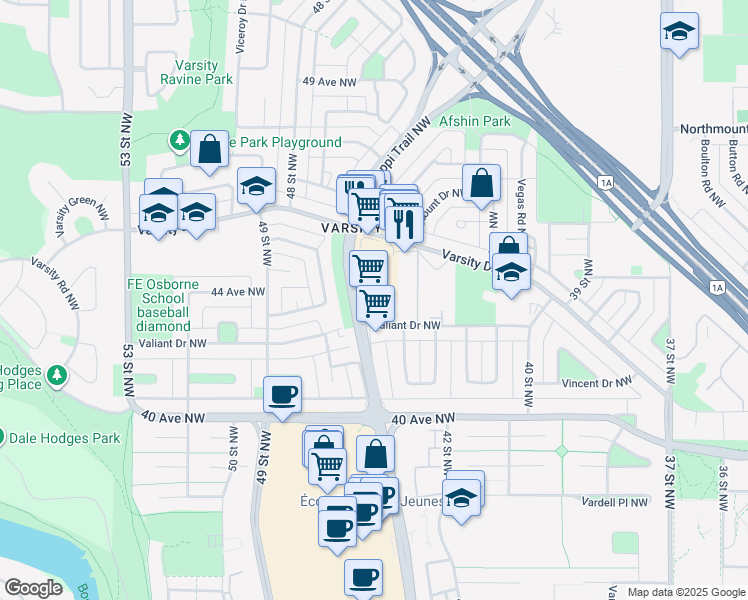 map of restaurants, bars, coffee shops, grocery stores, and more near 4625 Varsity Drive Northwest in Calgary