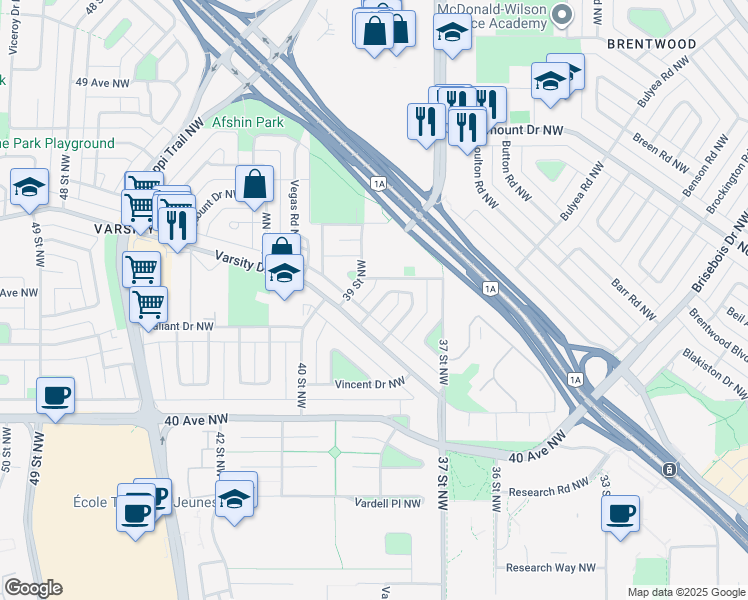 map of restaurants, bars, coffee shops, grocery stores, and more near 3936 Vancouver Crescent Northwest in Calgary