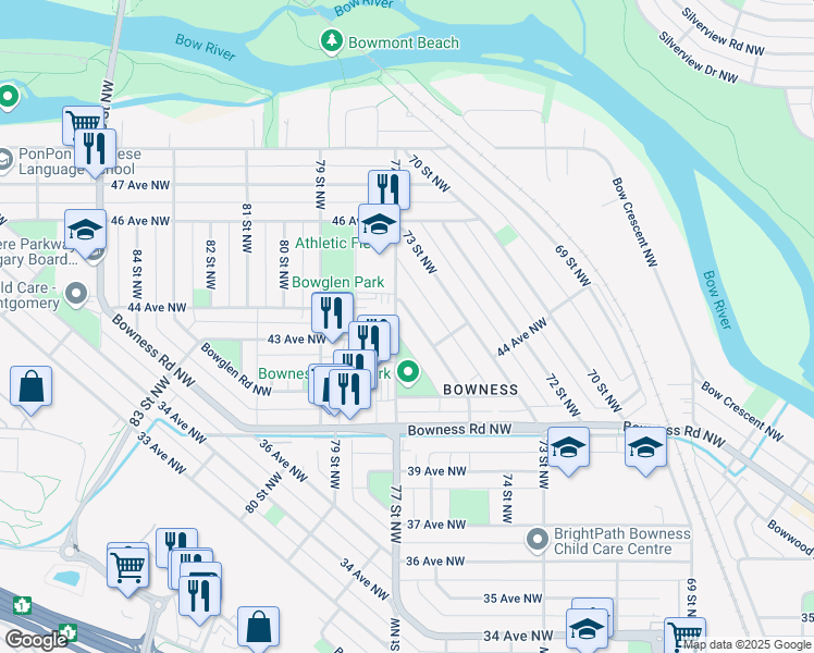 map of restaurants, bars, coffee shops, grocery stores, and more near 4523 75 Street Northwest in Calgary