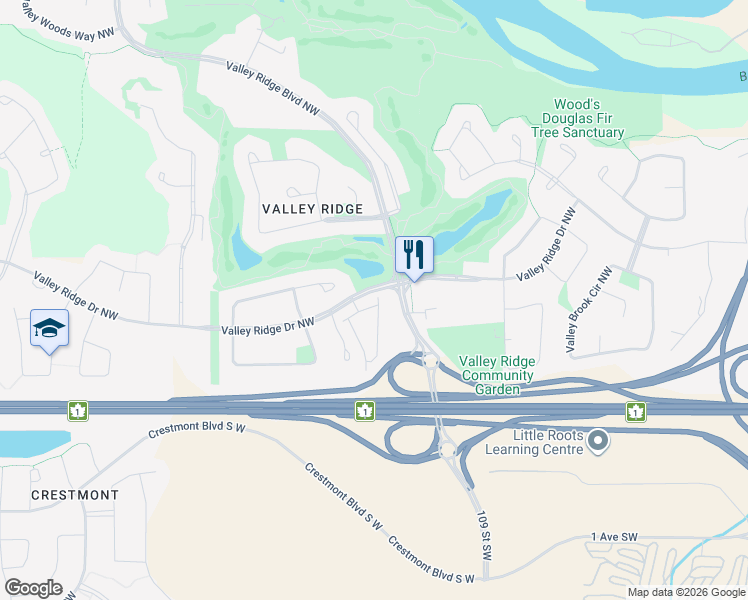 map of restaurants, bars, coffee shops, grocery stores, and more near 212 Valley Ridge Heights Northwest in Calgary