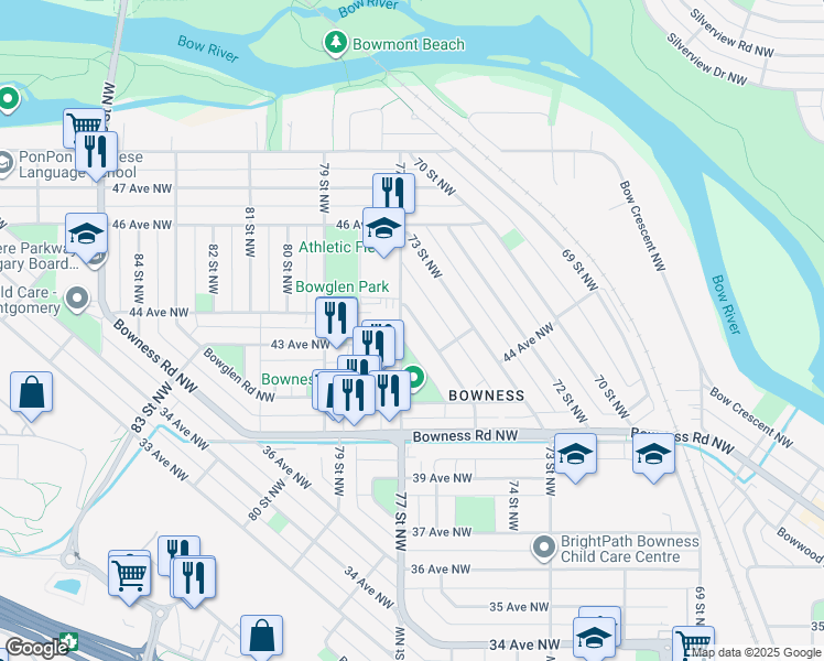 map of restaurants, bars, coffee shops, grocery stores, and more near in Calgary