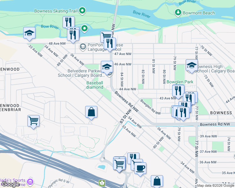 map of restaurants, bars, coffee shops, grocery stores, and more near 8547 Bowness Road Northwest in Calgary