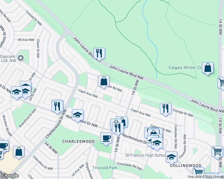 map of restaurants, bars, coffee shops, grocery stores, and more near 2127 Crocus Road Northwest in Calgary