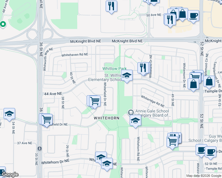 map of restaurants, bars, coffee shops, grocery stores, and more near 79 Whitefield Crescent Northeast in Calgary