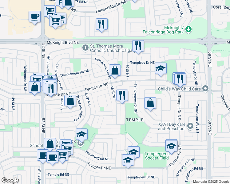 map of restaurants, bars, coffee shops, grocery stores, and more near Temple Mews Northeast in Calgary